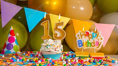 Cream cupcake with a candle for fifteen years, Greeting colorful card happy birthday to a child of 15 years old, birthday cupcake