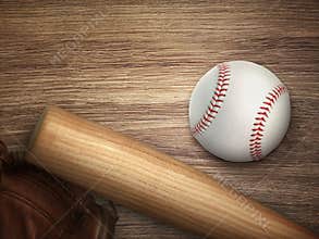 Baseball bat, glove and ball on wooden floor. Sport theme background with copy space for text and advertisment