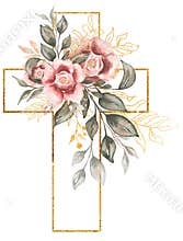 Cross Clipart, Watercolor golden frame cross With pink peony flowers and greenery bouquet, Baptism Cross clip art, Wedding invites