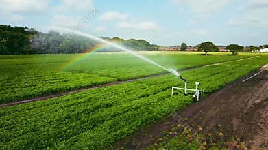 Aerial close up clip of an agricultural irrigation system in operation