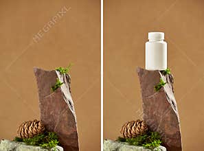 Podium of stone on a brown background, with cone and moss. Stones, moss, cone. Showcase for cosmetic.