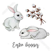 Spring rabbit clipart, Watercolor easter bunnies clipart, wollow, hare, cute woodland animals clipart, hand drawn rabbit art