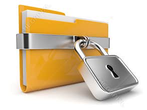 Yellow folder and lock. Data security concept. 3D