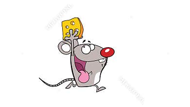 Happy Mouse Cartoon Character Running With Cheese
