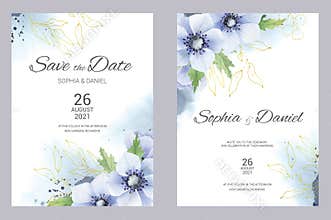 Watercolor wedding invitation cards. Floral poster, invite. Elegant wedding invitation with watercolor blue and gold