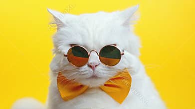 Portrait of white furry cat in fashion sunglasses and bowtie. Luxurious domestic kitty in glasses poses on yellow wall