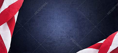 Patriotic American Flags Border Over Blue Grunge Texture Horizontal Background