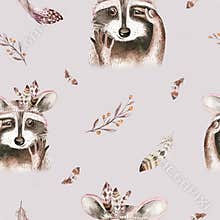 Watercolor boho floral raccoon seamless pattern with feather. bohemian natural background: leaves, feathers, flowers