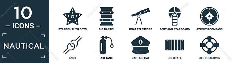 filled nautical icon set. contain flat starfish with dots, big barrel, boat telescope, port and starboard, azimuth compass, knot,