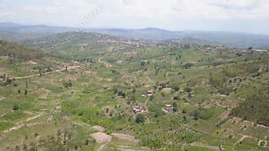 Aerial view over fertile fields in rural africa