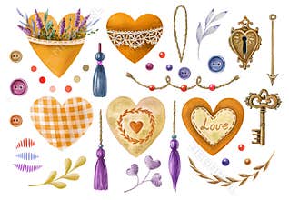Watercolor illustration set in vintage style. Illustrations for Valentine`s day or wedding, hearts, floral elements