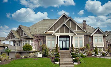 New Mansion Stucco Exterior Maison Home House Cumulus Clouds Sky Background