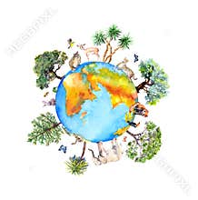 World globe with animals, birds, insects giraffe, cheetah, elephant and other, green trees around. Earth planet with zoo