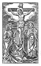 Vintage Antique Religious Biblical Drawing or Engraving of Crucified Jesus Christ Dies on the Cross, Surrounded by Women