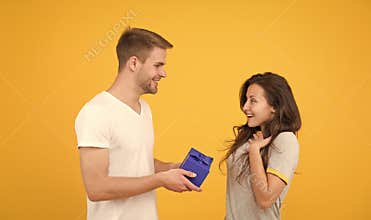 Making her happy. Happy birthday. Man give box to birthday girl. Birthday anniversary. Couple in love. Holiday
