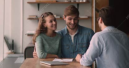 Real estate agency clients handshake feel satisfied by rented house