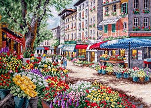 Paris Market. Embroidered picture. Designer- Dimensions Cross Stitch Kits 35256. Picture is embroidered by me