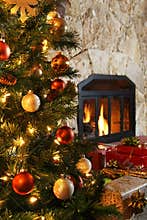 Christmas tree and fireplace