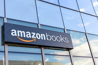 Amazon Books physical retail location building sign on the bookstore glass façade
