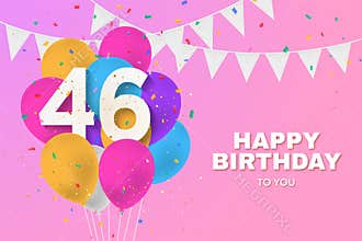 Happy 46th birthday balloons greeting card background.