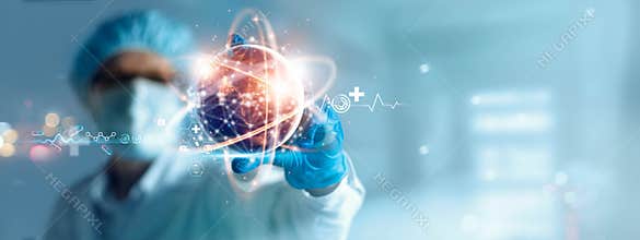 Doctor holding virtual globe with healthcare network connection. Science and medical innovation technology develop sustainable