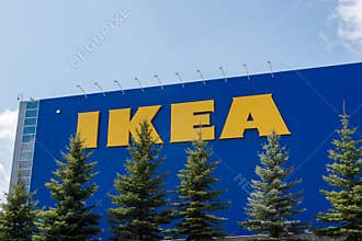 IKEA Sign and pine trees at Ottawa, Canada storee