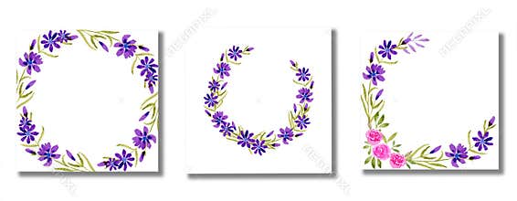 Watercolor floral frames, borders, cards. Wedding invitation cards with purple summer wild flowers. Handdrawn Watercolor
