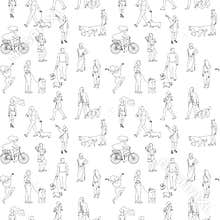 Black and white monochrome seamless pattern with many walking and standing people in summer clothes. Line art
