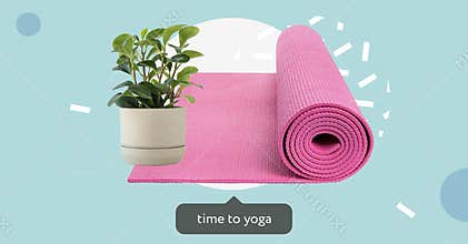 Time to yoga. Dialog box. Meditation concept. Health benefits. Mind and emotions. Relax, Sport, fitness. Yoga mat and green flower