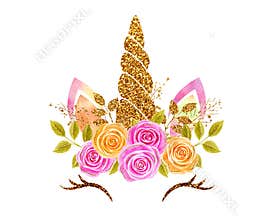 Fantasy Unicorn with golden gilded and glittering horn and roses flowers wreath, fabulous cute baby pony isolated on white