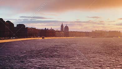 The Russian Venice, rainy footage of embankment of Saint Petersburg, Russia at sunset, the river Neva, cityscape in dusk