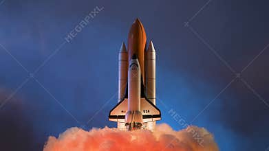 Launch pad complex on blue background with smoke and backlight. Successful rocket launching with crew on a space