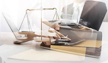 Business and lawyers discussing contract papers justice and law concept picture with film grain effect