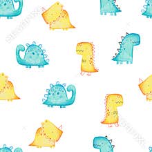 Pencil hand-drawn colored seamless repeating children pattern with cute dinosaurs in Scandinavian style on a white