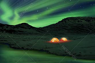 Aurora Borealis or Northern lights in Iceland and lighted tents