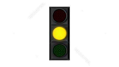 Close up blinking green to yellow and red traffic light in front side view.