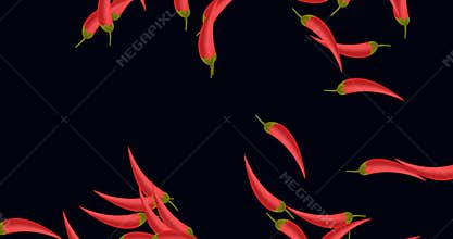 Chili pepper flying and rotating on a black background. Red chili peppers motion animation. Horizontal composition, 4k video