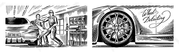 Wrapping Specialist Putting Vinyl Foil Film. Auto service or Automobile center. Auto detailing and tuning. Change from