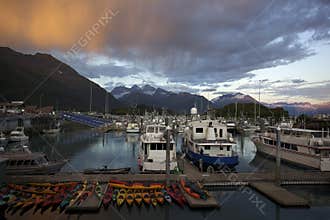 Beautifil sunset in harbor of Valdez Alaska