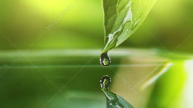 Slow motion shot of drop of water falls from green
