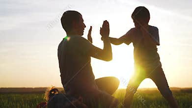 father and son boxing box silhouette at sunset. happy family fun in the park play sport concept. father and son training
