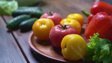 spread tomatoes,cucumbers,lettuce and sweet pepper on wooden round cutting board