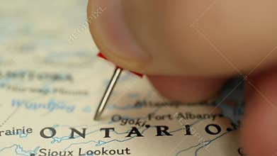 Location Ontario in Canada, map with red push pin pointing close-up, North America