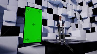Tv presenter in virtual studio news with white and black cubes.