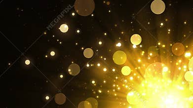 Background with gold glitter particles. Shining golden confetti with magic light, glamour, holiday. Beautiful animated christmas