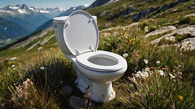 White toilet bowl standing on a grassy mountain meadow