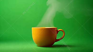 Yellow coffee cup steaming on green screen background