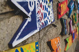Wall art made of painted wooden fish in Busan Culture Village in Busan, Korea
