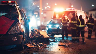 Emergency responders attending vehicle accident scene at night with ambulance, fire truck, and wrecked car, emergency