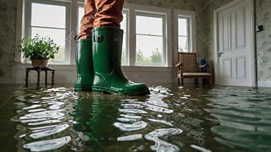 Contractor assessing water damage wearing green rubber boots inside house